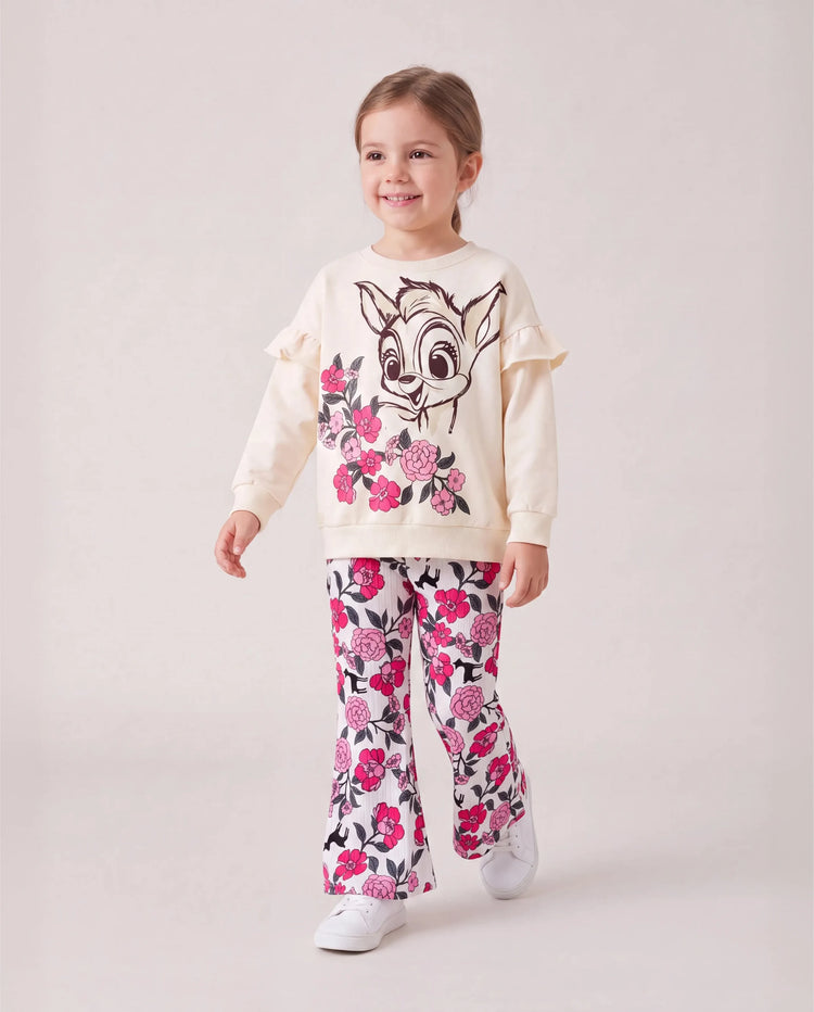 Kleinkind Mädchen 2pcs Dear Rüschen Sweatshirt und geblümt ausgestellte Hosen Set Farbblock