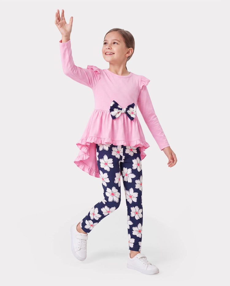 Ensemble 2 pièces pour fille avec t-shirt à manches longues et volants avec nœud papillon et pantalon imprimé floral rose