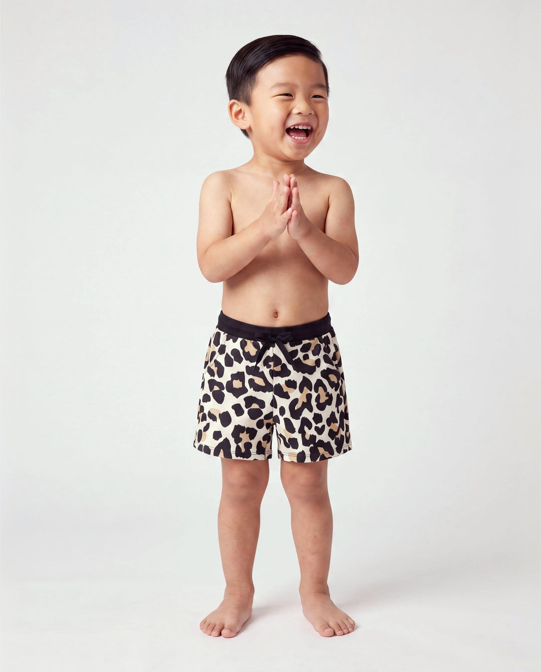 Bañador corto para niño pequeño con cordón y estampado de leopardo en negro