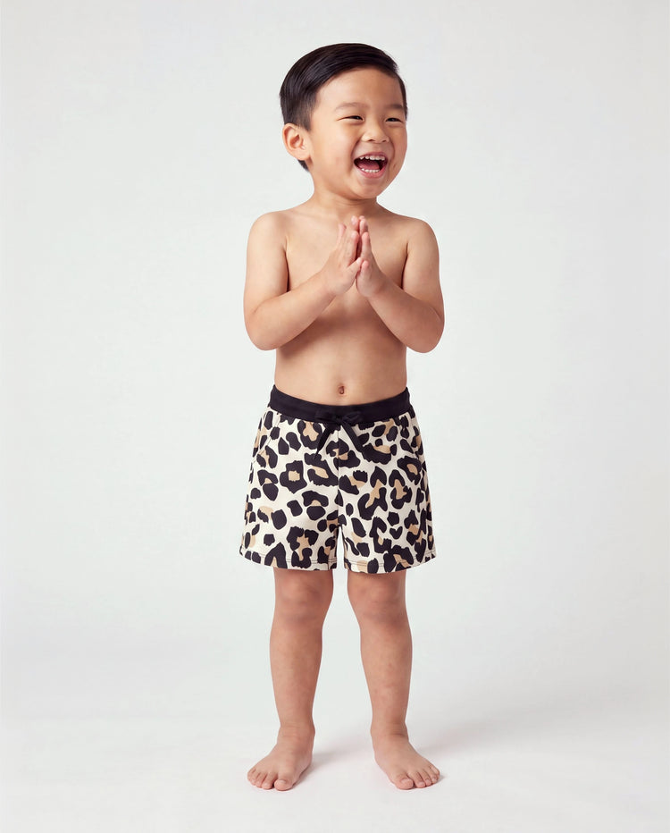 Bañador corto para niño pequeño con cordón y estampado de leopardo en negro