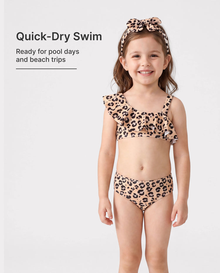 3Pcs Toddler Girl Leopard Print Ruffled Two-piece Swimsuit Set Colorful