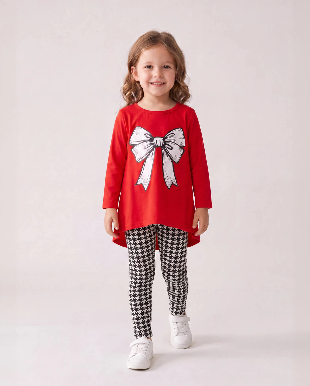 2pcs Toddler Girl Bowknot Print High Low Long-sleeve Tee and Houndstooth Leggings Set Red-2
