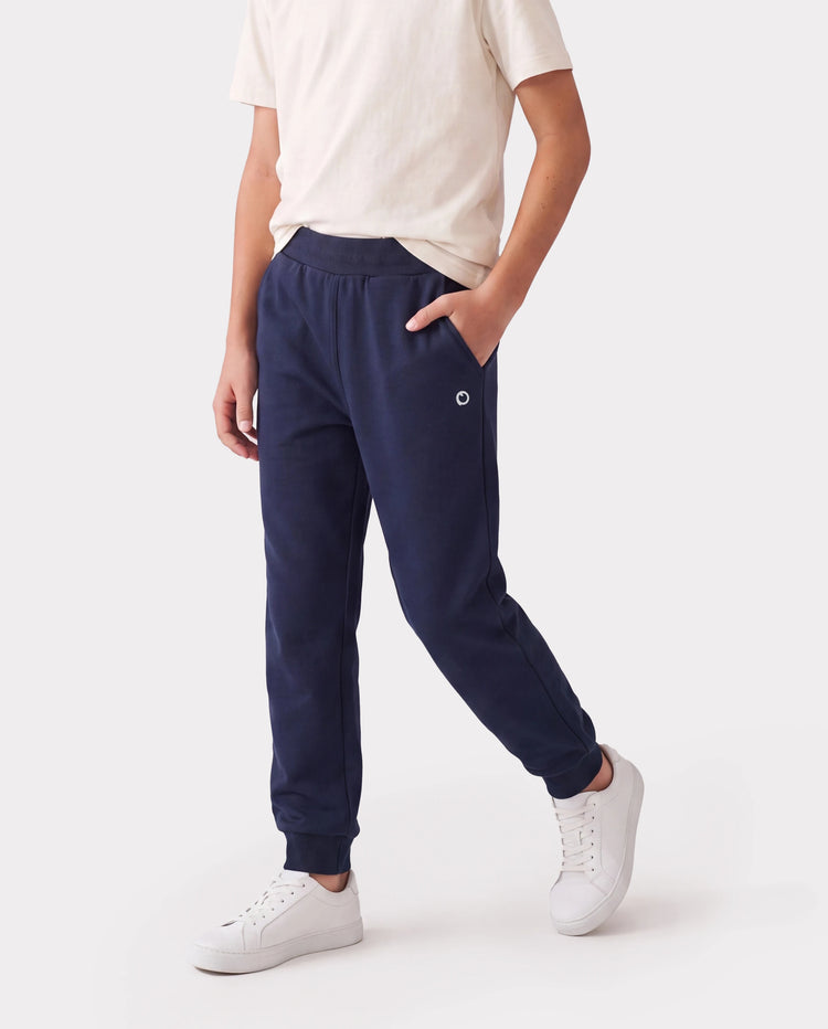 Pantalon de jogging doublé polaire pour enfants, avec imprimé réfléchissant et poches. Pantalon de survêtement chaud, respirant et évacuant l'humidité, pour garçons et filles, bleu foncé.