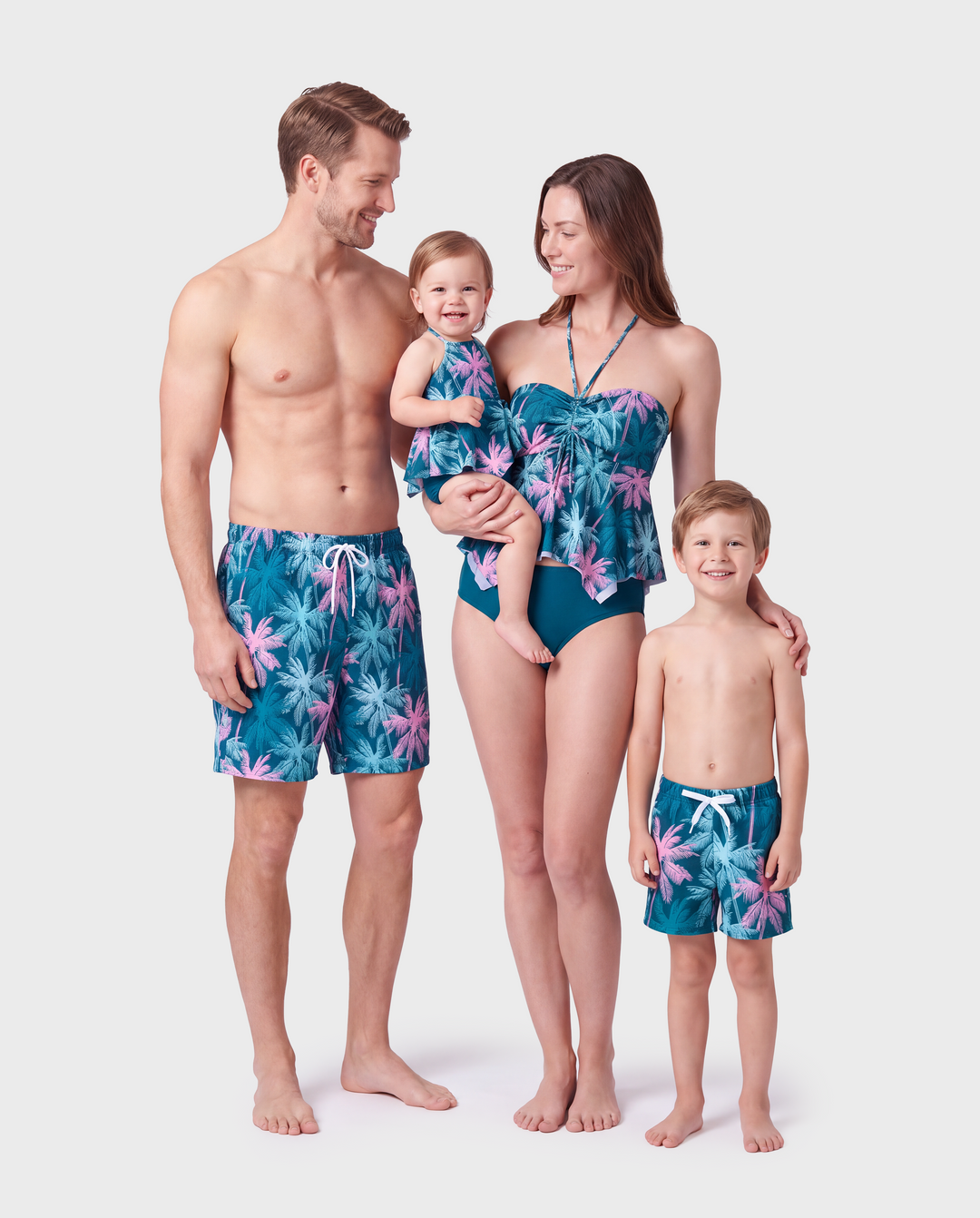 Trajes de baño familiares a juego con estampado tropical de palmeras, traje de baño de dos piezas con volantes para mamá y yo, bañadores para papá e hijo, ropa de playa para vacaciones Turquesa