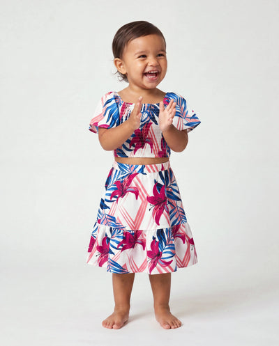 Tropisches Blumenmuster Kleinkinder/Mädchen Outfits, rosa-blaues Blattmuster Kurzarmhemd oder ein schulterfreies, gerafftes Oberteil und Rock Koordinationsset für Urlaub, Kreuzfahrt, Strand Weiß