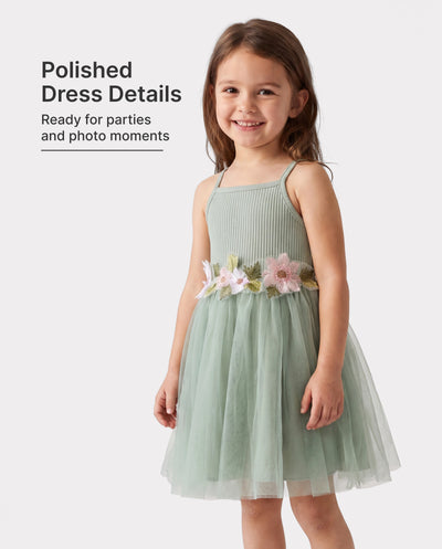 Toddler Girl Sweet Floral Decor Ribbed Panel Mesh Overlay Fairy Dress Green
