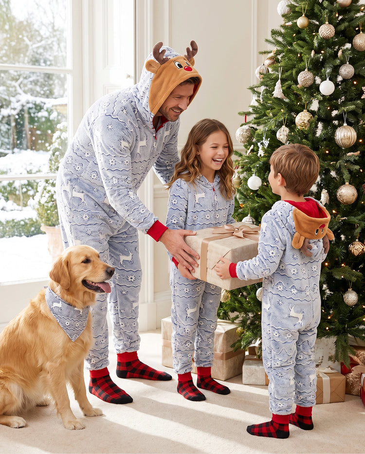 Christmas Onesies Matching Family Pajamas Set Reindeer Print Glow In The Dark PJS with Christmas Socks White/Gray