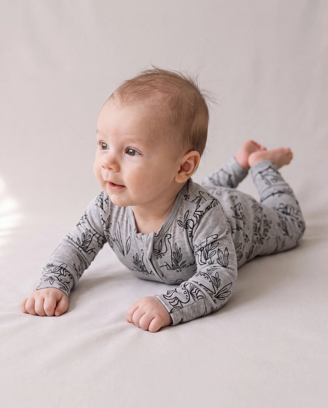 Pyjama bébé garçon/fille en laine à imprimé végétal, zippé et ajusté, gris