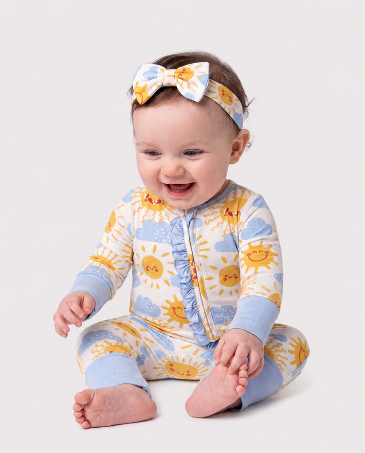 Bamboo Baby Boy/Girl Animal Printed 2-Way Zipper Anti Slip Long-sleeve Footie with/without Hairband Light Blue