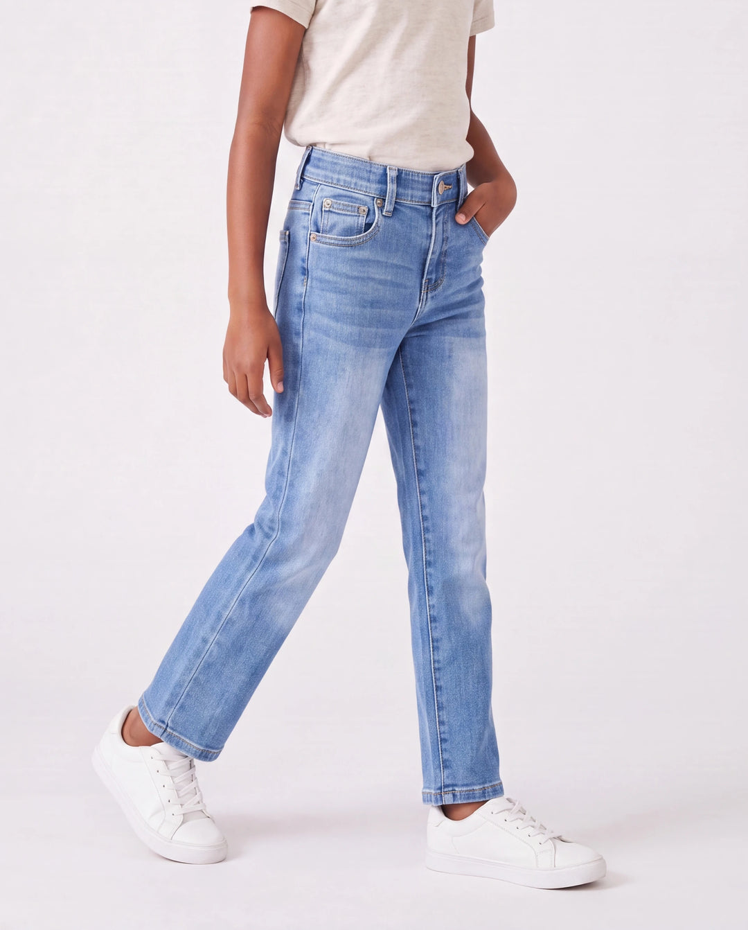 Kids Pull On Elastic Waist Denim Jeans Soft Stretch Comfortable Everyday Pants with Pockets Light Blue