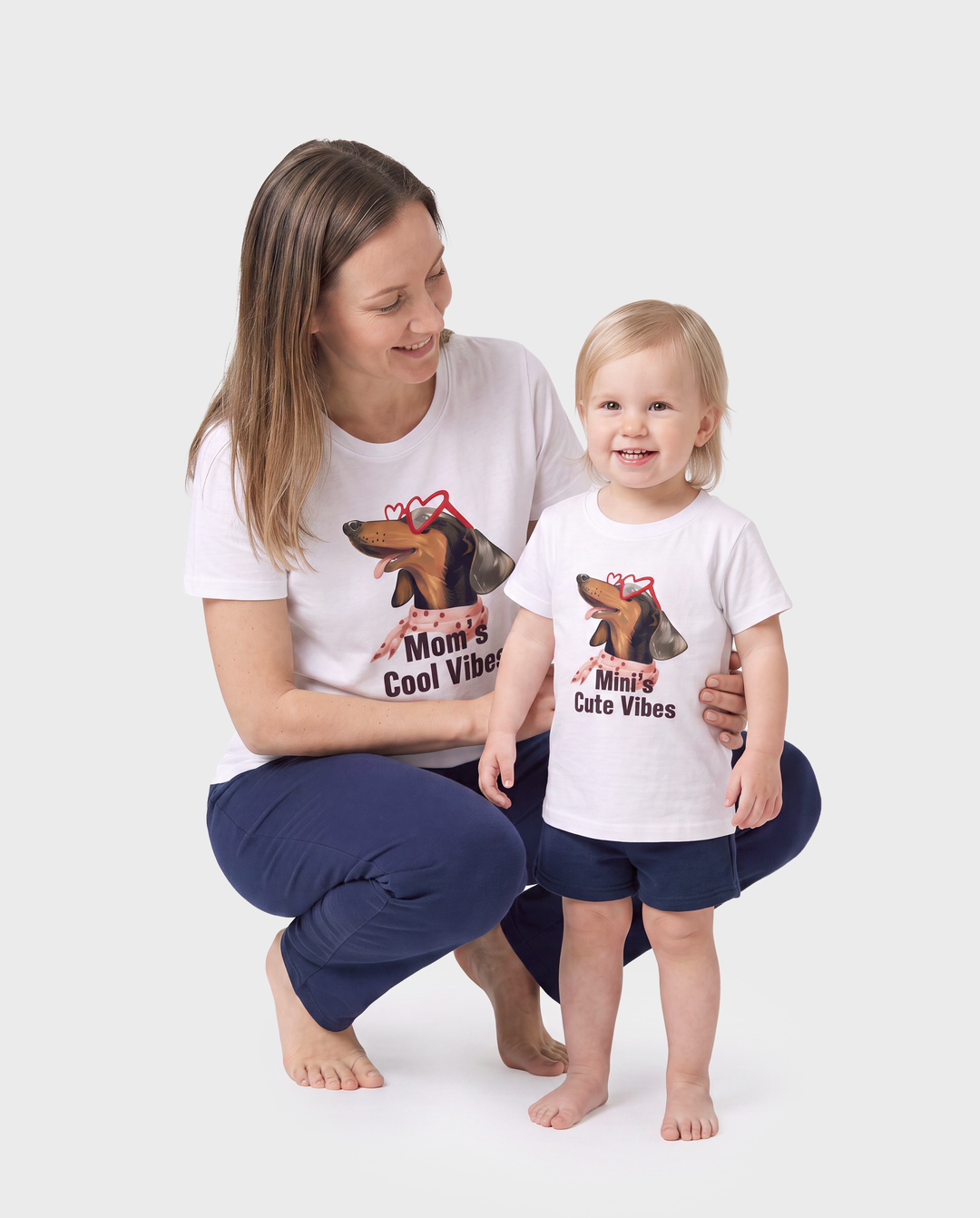 Mommy and Me Dachshund Graphic Tees "Mom's Cool Vibes" Matching Cotton Doggy Print T-Shirt White