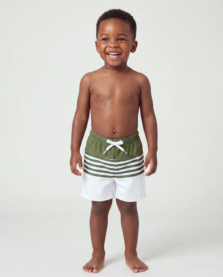 Bañador corto para niño pequeño con bloques de color y rayas en verde militar
