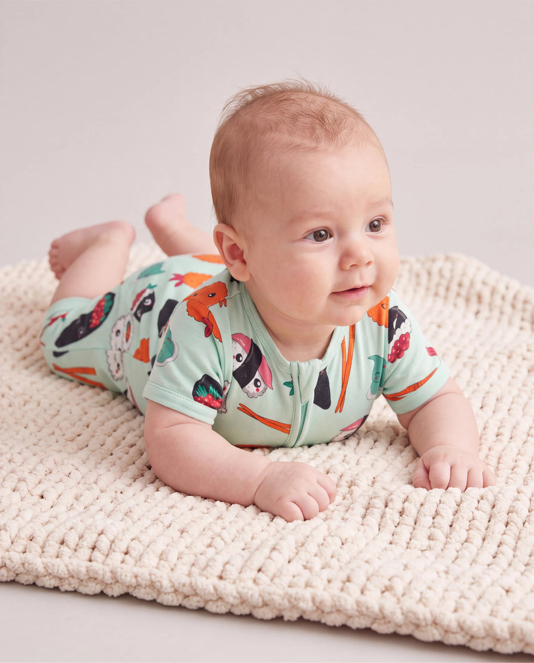 Bambus Baby Jungen/Mädchen 2-Wege-Reißverschluss Strampler mit Anti-Rutsch und kindlichem Lebensmittelmuster, Bambus-Schlafanzug (eng anliegend), Grün