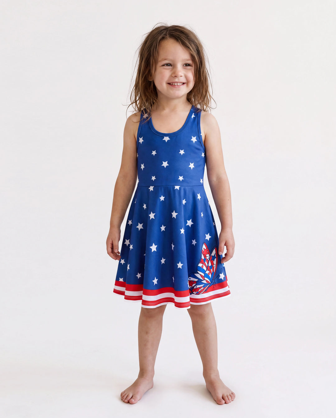 Robe sans manches décontractée pour tout-petites filles, imprimé patriotique cerise/étoile, bleu foncé