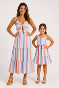 Mommy and Me Family Matching Blue Short-sleeve Tee or Colorful Stripe Camisole Dress Multi-color