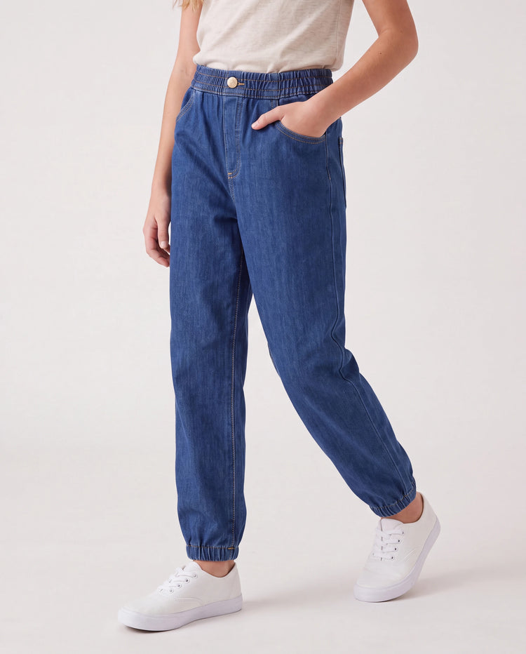 Kids Elastic Waist Denim Pants Soft Stretch Comfortable Everyday Jeans with Pockets Deep Blue
