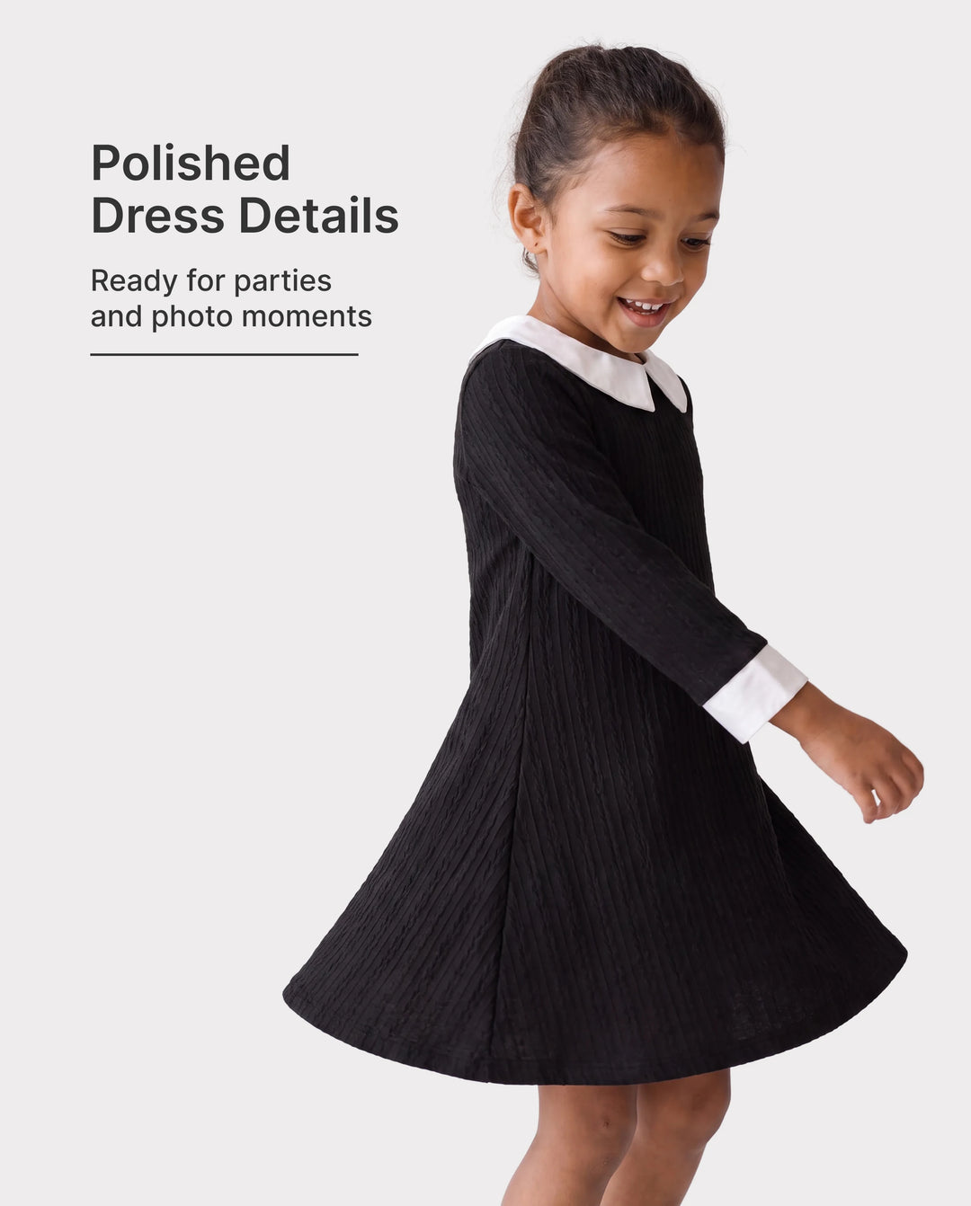 Kid Girl Avant-garde Solid Color Lapel Design Long Sleeve Dress Black
