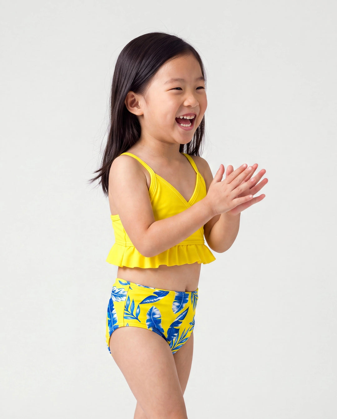 Bikini amarillo con estampado de hojas, mangas con volantes y fruncido para niña pequeña Amarillo