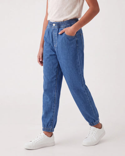 Pantalones vaqueros de cintura elástica para niños, suaves, elásticos, cómodos, para uso diario, con bolsillos, color azul