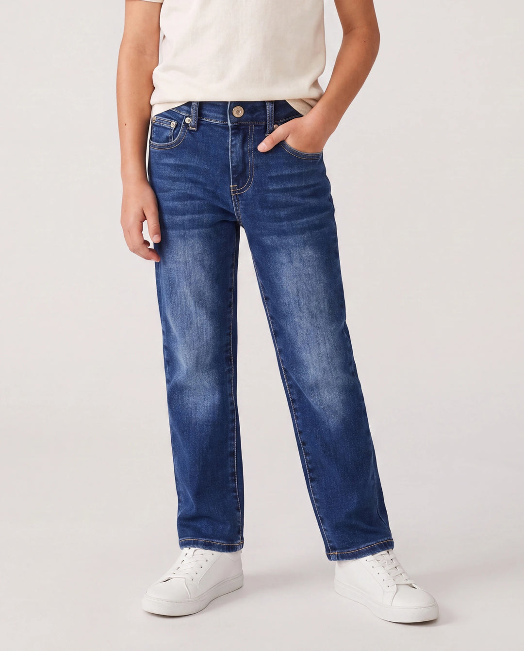 Einfarbig Elastische Taille Weich elastisch Bequem Casual Jeans Baumwollhose mit Taschen tiefblau
