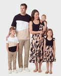 Family Matching Cross Back Floral Strap Dress and Colorblock Top Sets Black