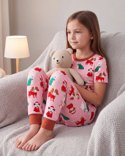 Kleinkind / Kinder Weihnachten / Halloween Pyjama 3-teiliges Bambus Pyjama Set 2-in-1 Look für 4 Jahreszeiten (eng anliegend) Hell rosa
