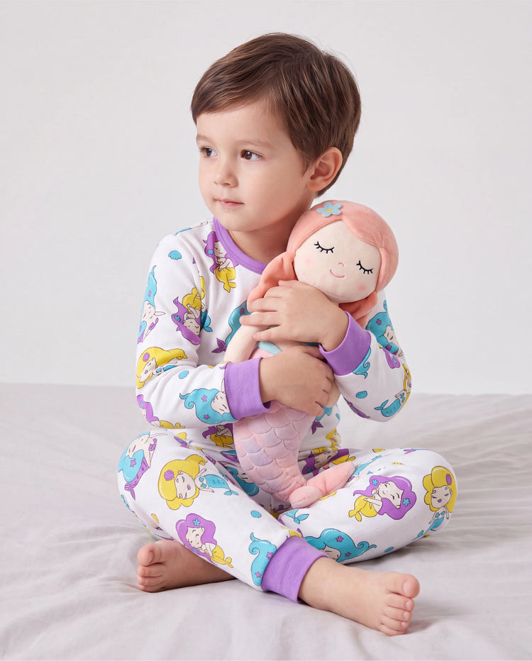 Toddler / Kids 2-piece Organic Cotton Pajamas with Childlike Print Snug fit Pjs for Girls / Boys White