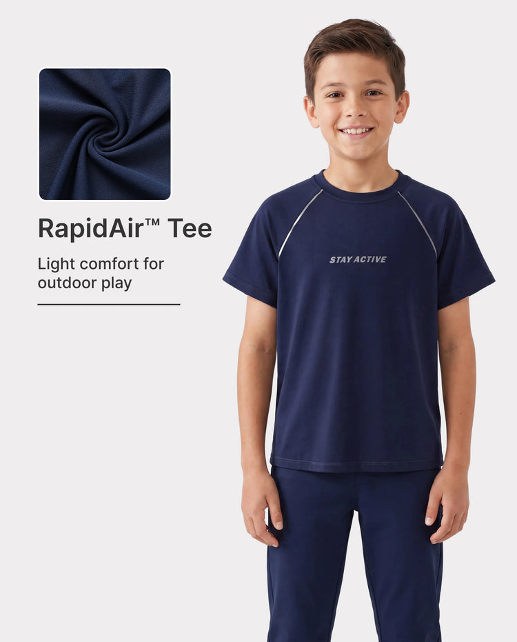 T-shirt de sport à manches courtes PatPat Lightflow Activewear pour garçon, ultra léger et à séchage rapide, bleu foncé