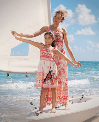 Disney Princess Mommy and Me Moana Floral Dresses with Ruffle Straps for Summer Family Outings & Photos Pink