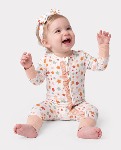 Bambus Baby Jungen/Mädchen Tier bedruckt 2-Wege-Reißverschluss Strampler Anti-Rutsch Langarmfußball mit Haarband Aprikose