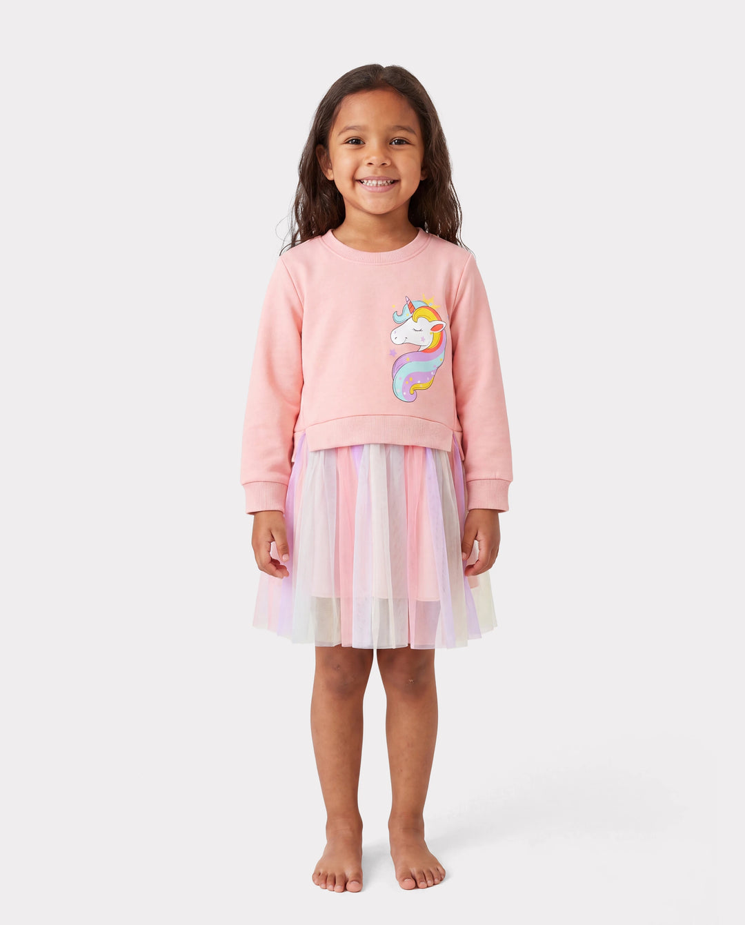 Toddler Girl Sweet Faux-two Unicorn Print Mesh Splice Fairy Dress Pink