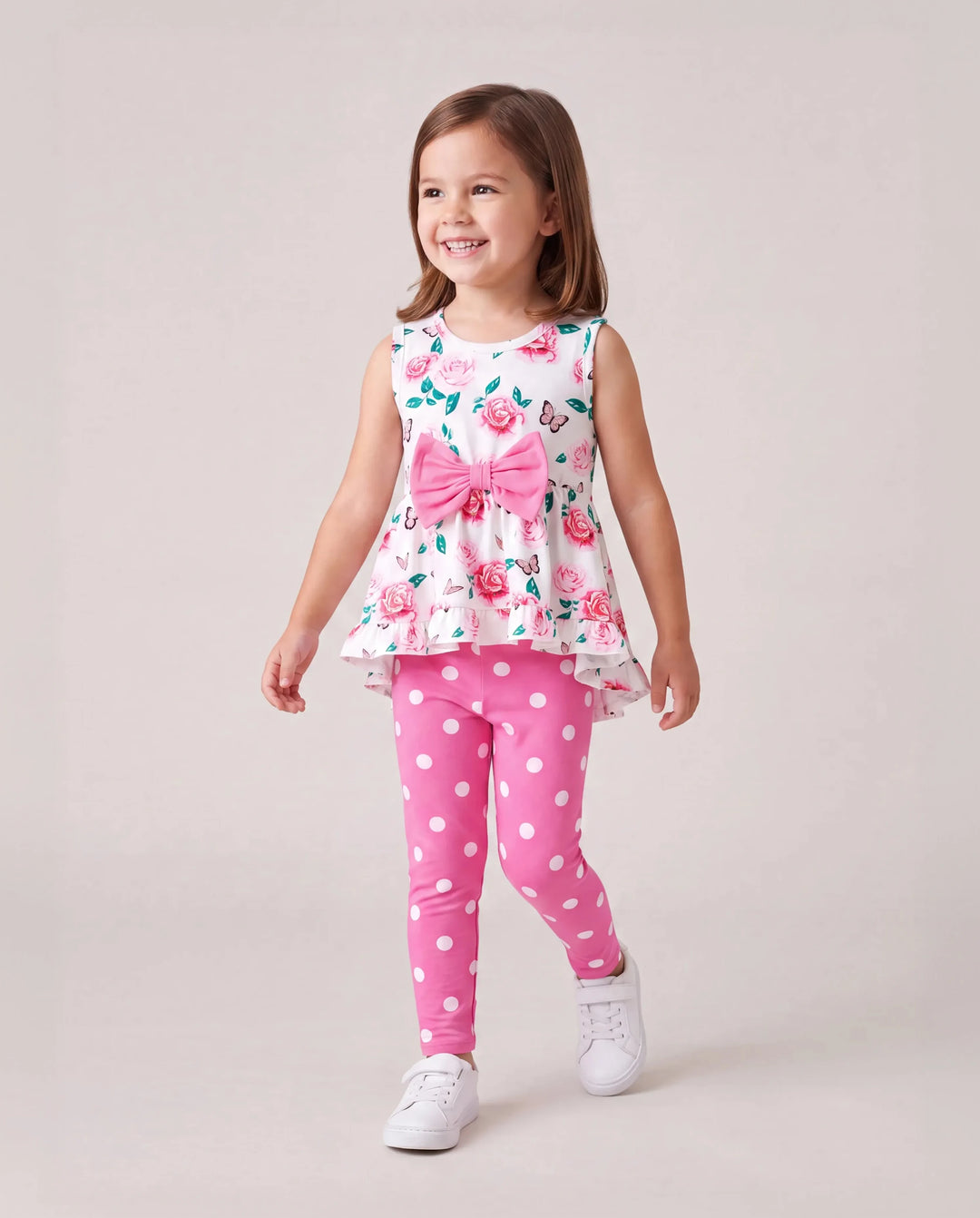 Conjunto de 2 piezas para niña pequeña con estampado floral, diseño de lazo, volantes, camiseta sin mangas de corte alto y pantalón de lunares, color rosa