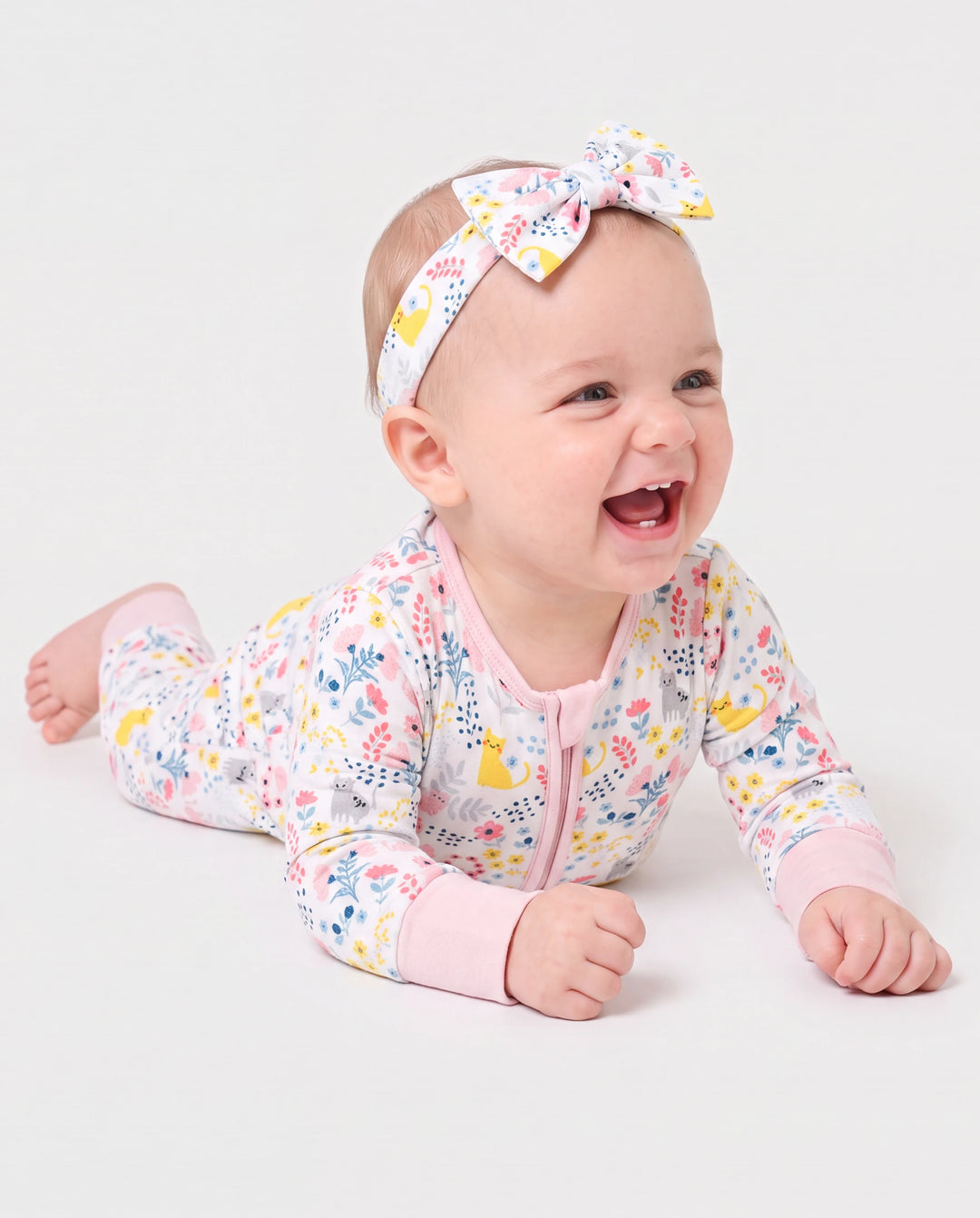 Bamboo Baby Girl Elegant Printed 2-Way Zip Onesies Anti-Rutsch-Langarm-Footie mit Haarband Hellrosa
