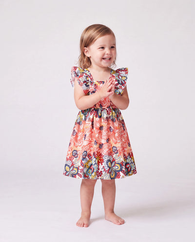 Kleinkind-/Kinder-Mädchen Blumendruck Kleid mit flatternden ärmellosen Ärmeln Orangerot
