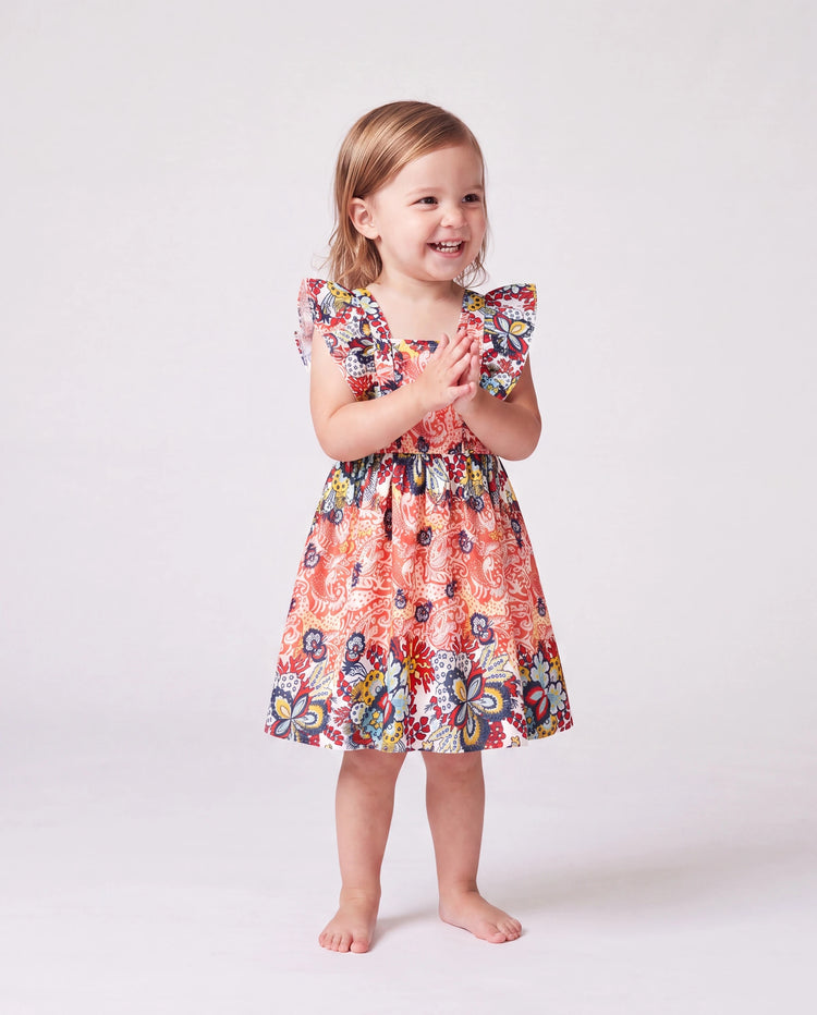 Toddler/Kid Girl Floral Print Flutter Sleeveless Dress Orange red
