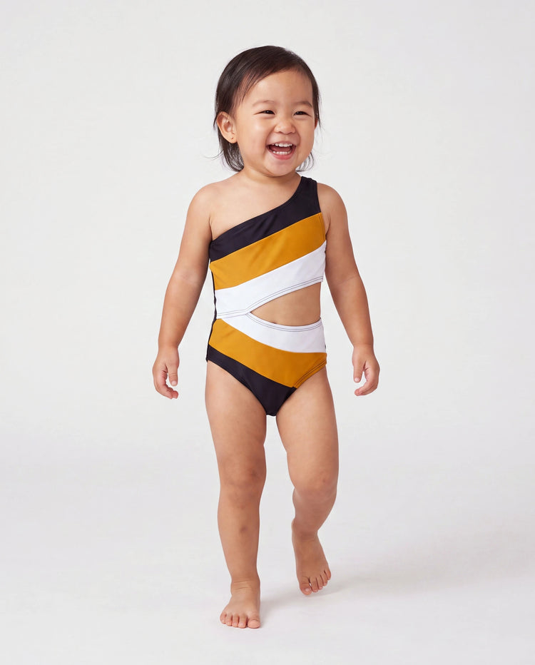 Toddler Girl Colorblock Cut Out Waist One-Shoulder One-piece Swimsuit Multi-color