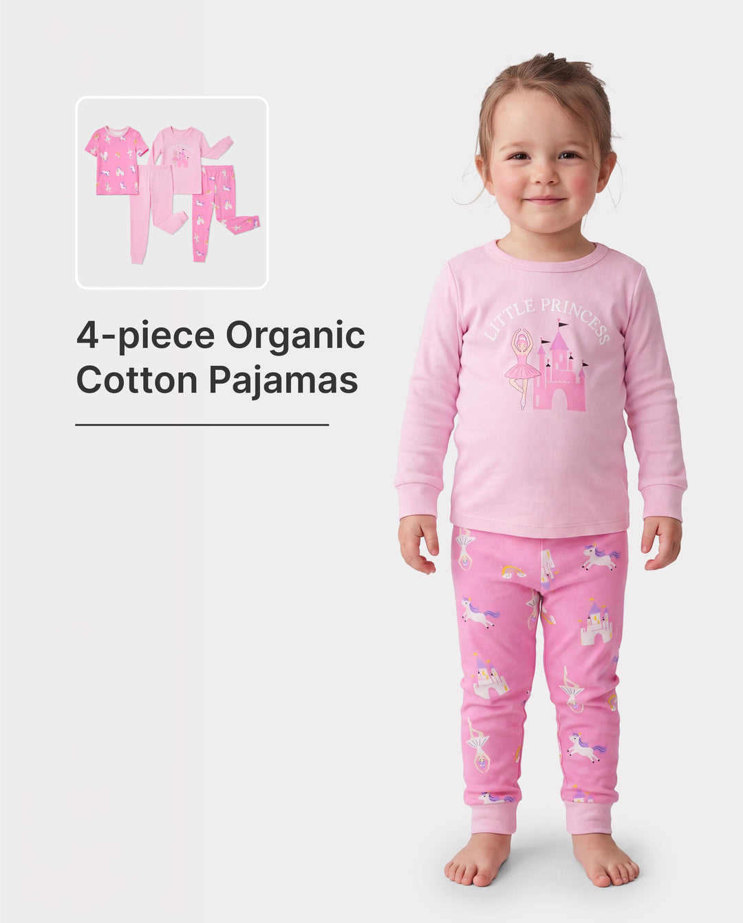 Toddler / Kids 4-piece Organic Cotton Pajamas 4-in 1 Snug fit PaJama Set for Girls Pink