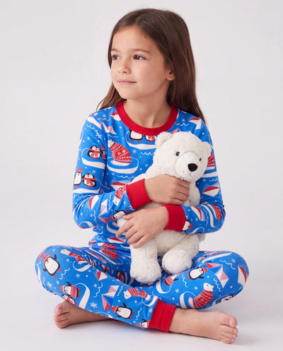Pyjama de Noël/Halloween 2 pièces en bambou avec imprimé ludique pour tout-petits/enfants (coupe ajustée) bleu clair