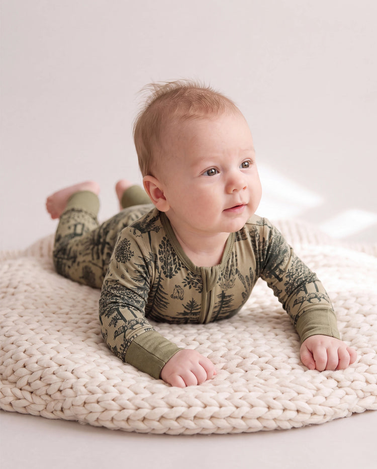 Pijama de lana ajustado con cremallera y estampado de plantas para bebé niño/niña, color verde