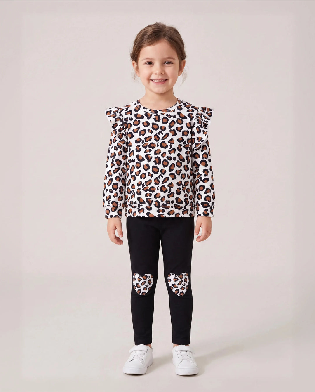 2-piece Toddler Girl Leopard Print Flutter Long-sleeve Top and Heart Pattern Pants Set Black