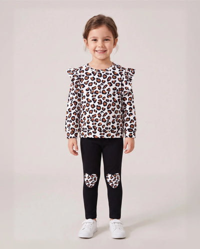 Conjunto de 2 piezas para niña pequeña con estampado de leopardo, camiseta de manga larga y pantalón con estampado de corazones, color negro