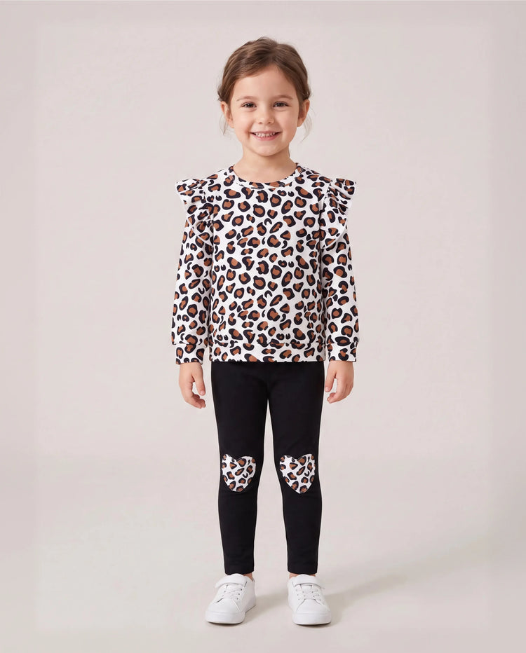 2-piece Toddler Girl Leopard Print Flutter Long-sleeve Top and Heart Pattern Pants Set Black