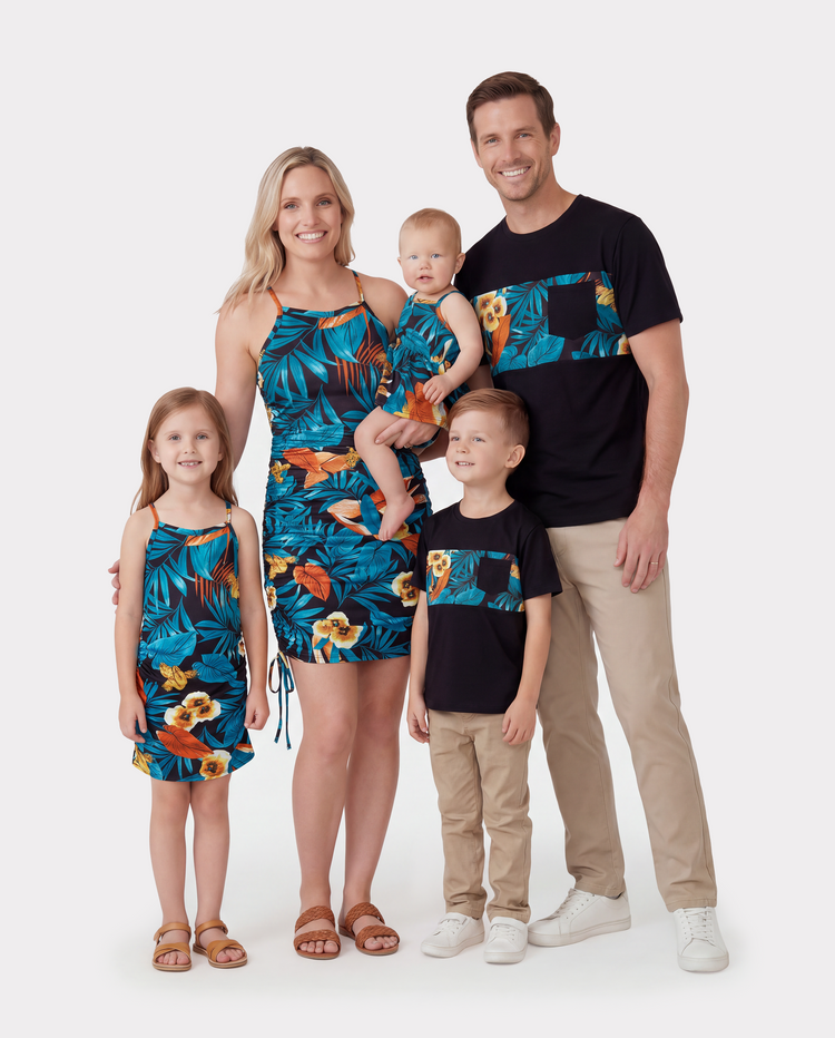 Family Matching Floral Panel T-shirt and Floral Ruched Drawstring Side Strap Dress Sets Black