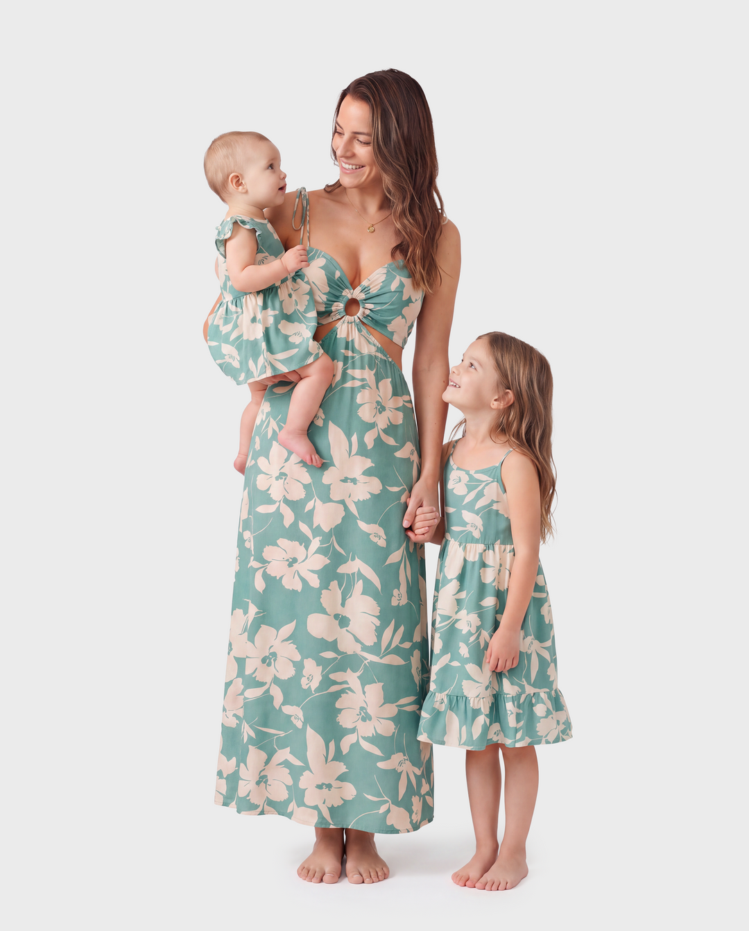 Mommy & me Leaf Print Green Sling Shirred Dress Set Green