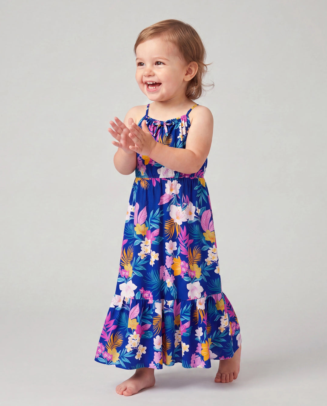 Tenues hawaïennes pour petite fille/enfant Robe à bretelles imprimé floral tropical pour les vacances Bleu profond