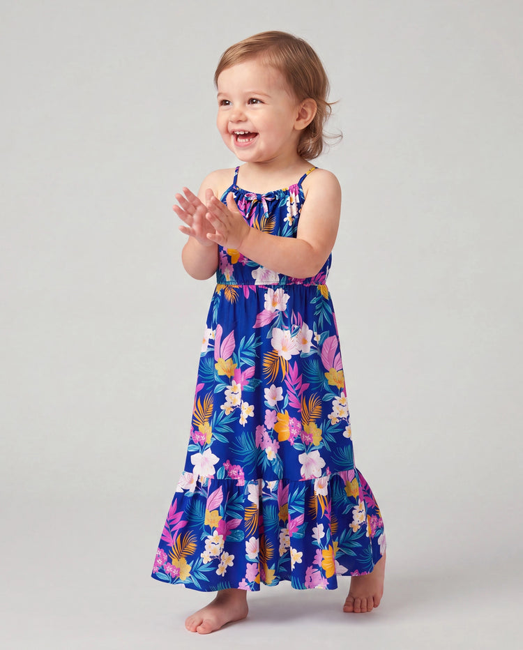 Tenues hawaïennes pour petite fille/enfant Robe à bretelles imprimé floral tropical pour les vacances Bleu profond