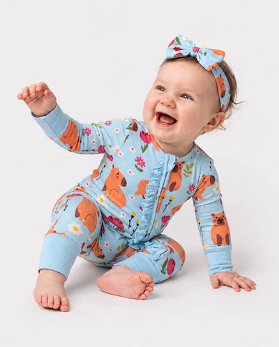 Footie de bambú para bebé niño/niña con estampado de animales, cremallera bidireccional, antideslizante, de manga larga y con banda para el pelo, color turquesa