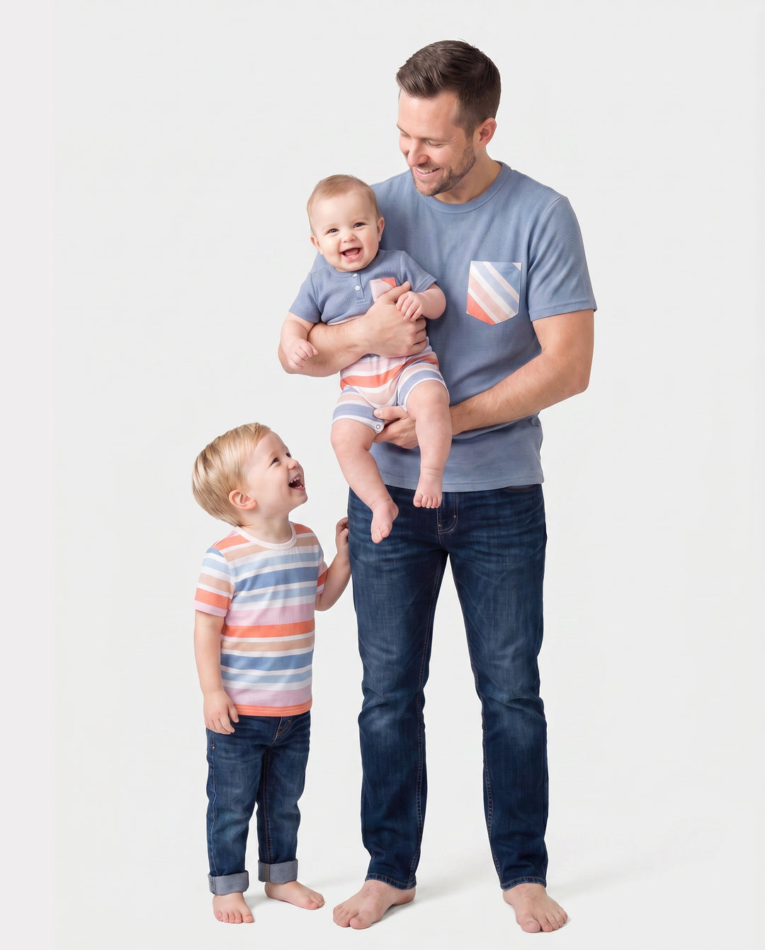 Daddy and Me Family Matching Blue Short-sleeve Tee or Colorful Stripe Camisole Dress Multi-color