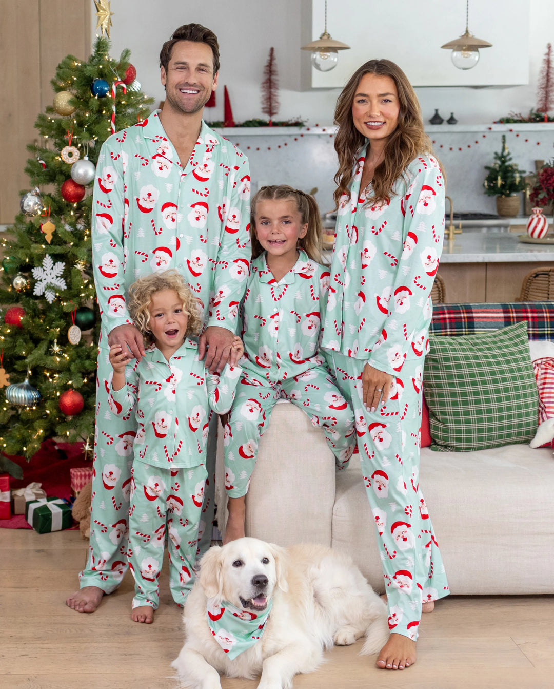 Christmas Matching Family Collared Pajamas Santa Claus Print Green