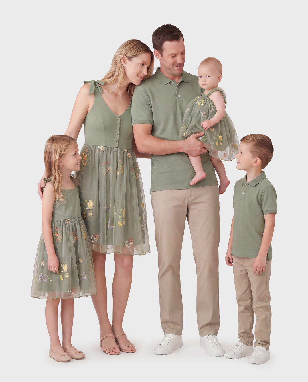 Family Matching Polo Collar Short-sleeve Shirt or V-neck Strappy Mesh Dress  Green